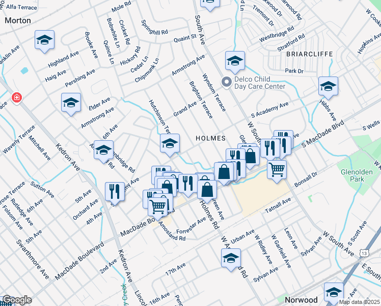 map of restaurants, bars, coffee shops, grocery stores, and more near 2400 Academy Avenue in Holmes