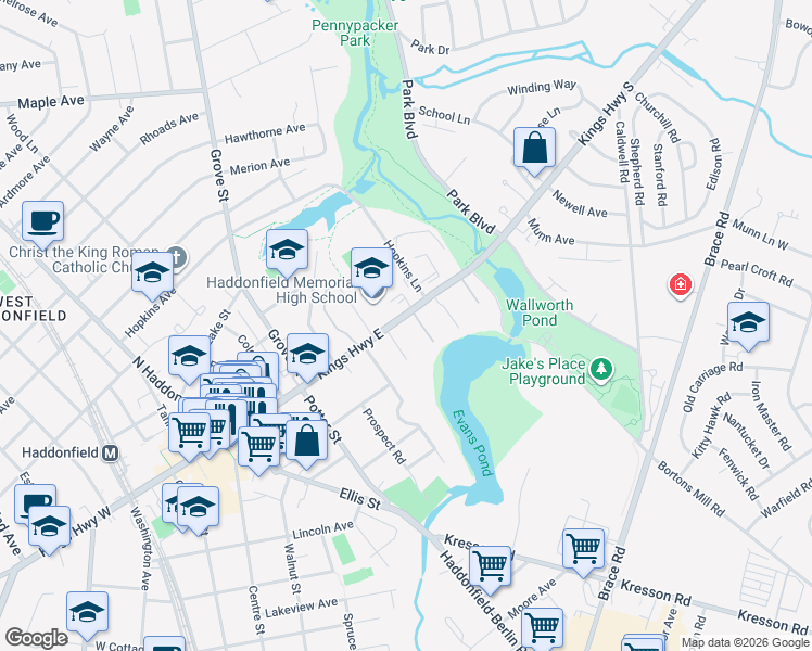 map of restaurants, bars, coffee shops, grocery stores, and more near 406 Kings Highway East in Haddonfield