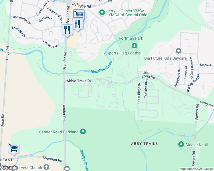 map of restaurants, bars, coffee shops, grocery stores, and more near Bricegrove Boulevard in Canal Winchester
