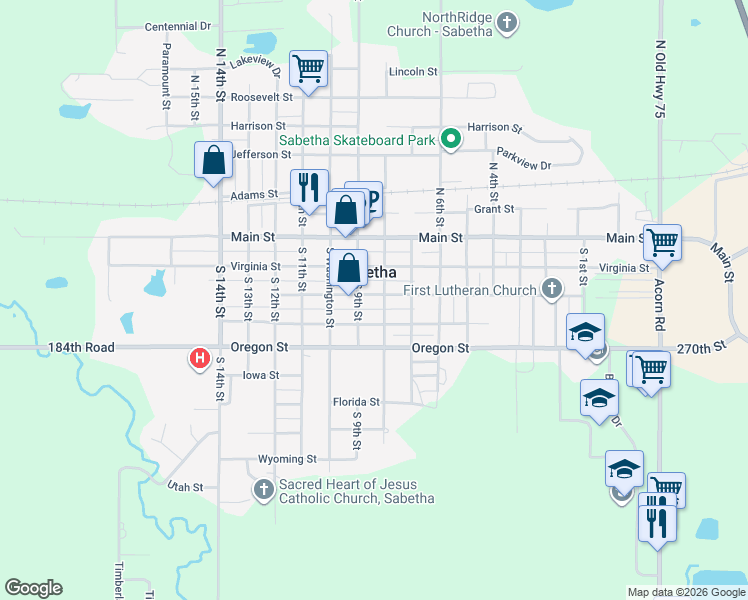 map of restaurants, bars, coffee shops, grocery stores, and more near 805 Ohio Street in Sabetha