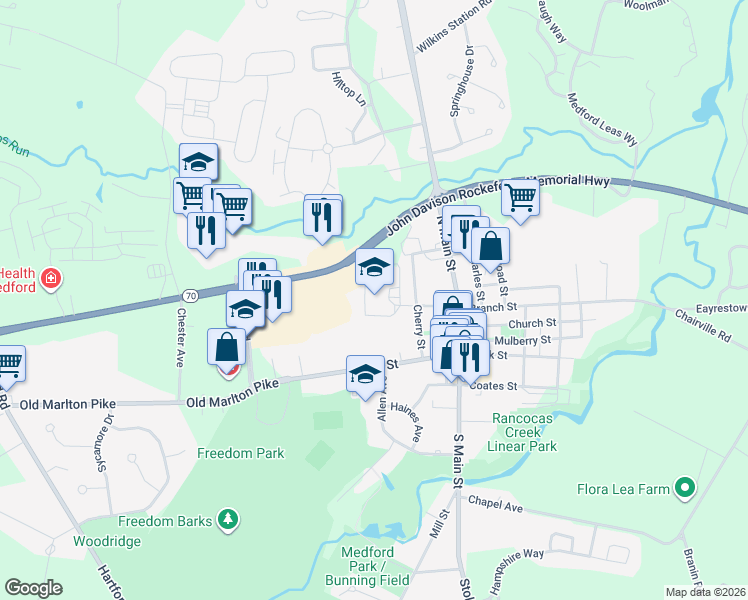 map of restaurants, bars, coffee shops, grocery stores, and more near 196 New Jersey 70 in Medford