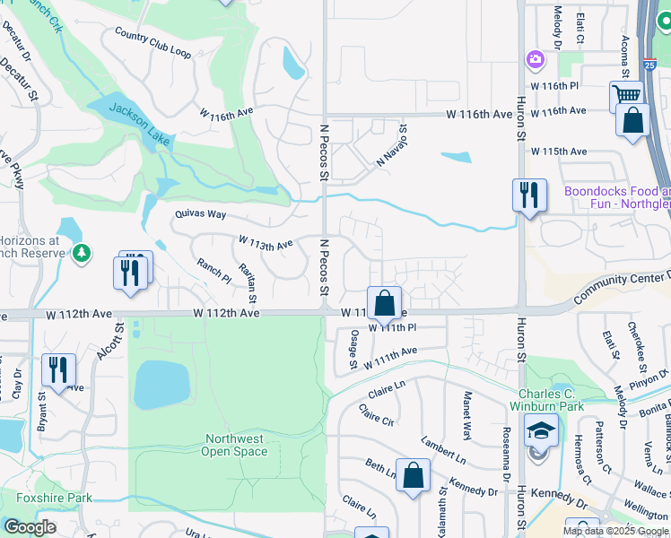map of restaurants, bars, coffee shops, grocery stores, and more near 11283 Osage Circle in Northglenn