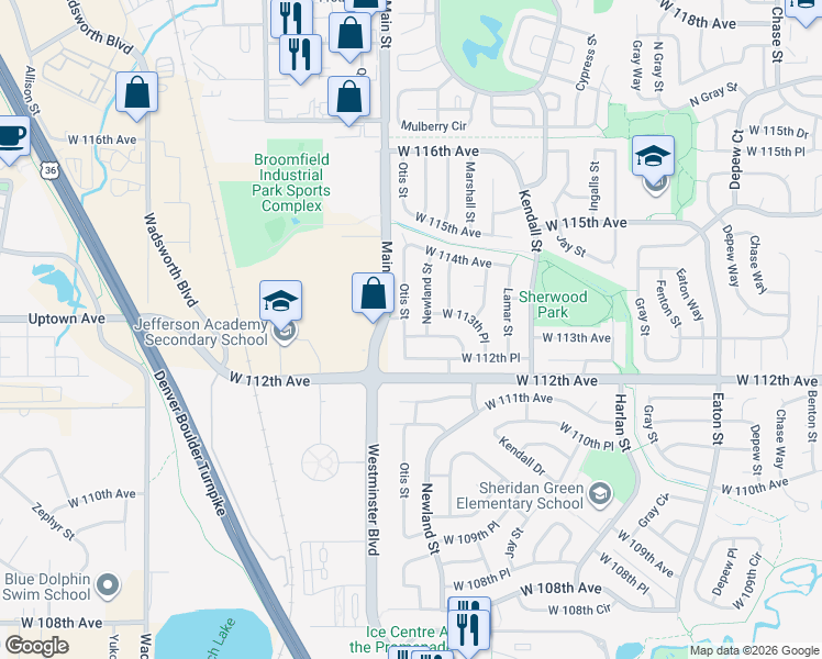 map of restaurants, bars, coffee shops, grocery stores, and more near 11313 Newland Street in Broomfield