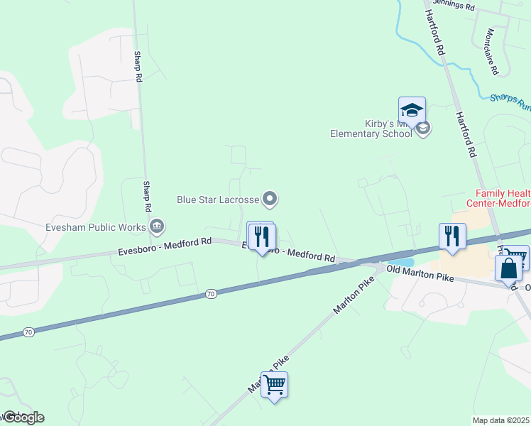 map of restaurants, bars, coffee shops, grocery stores, and more near 16 Medford Evesboro Rd in Medford
