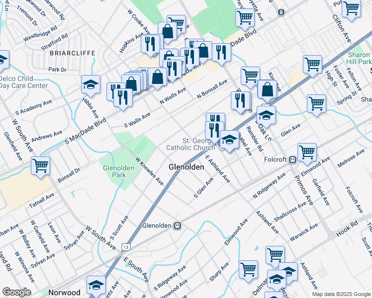 map of restaurants, bars, coffee shops, grocery stores, and more near 19 South Scott Avenue in Glenolden