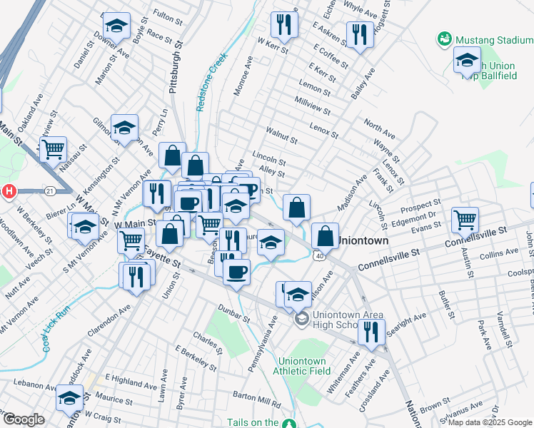 map of restaurants, bars, coffee shops, grocery stores, and more near 97 East Main Street in Uniontown