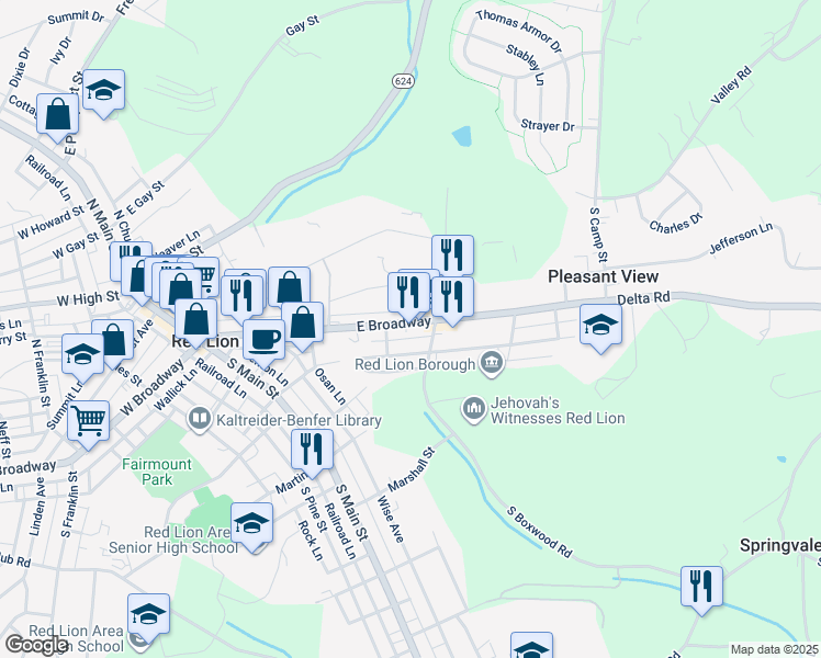 map of restaurants, bars, coffee shops, grocery stores, and more near 326 East Broadway in Red Lion