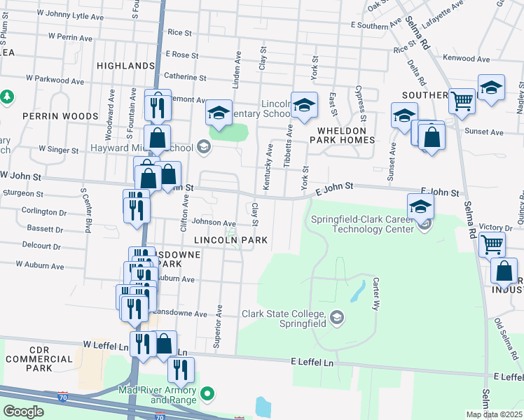 map of restaurants, bars, coffee shops, grocery stores, and more near 1870 Clay Street in Springfield