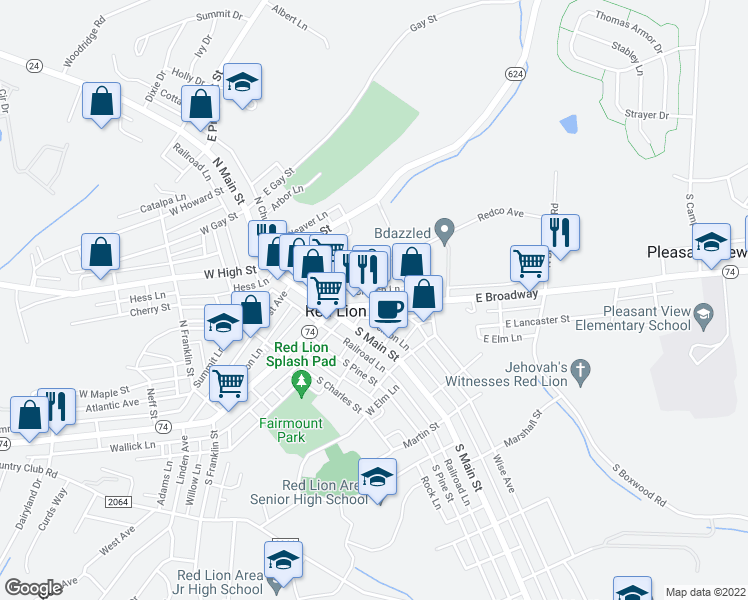 map of restaurants, bars, coffee shops, grocery stores, and more near 101 East Broadway in Red Lion