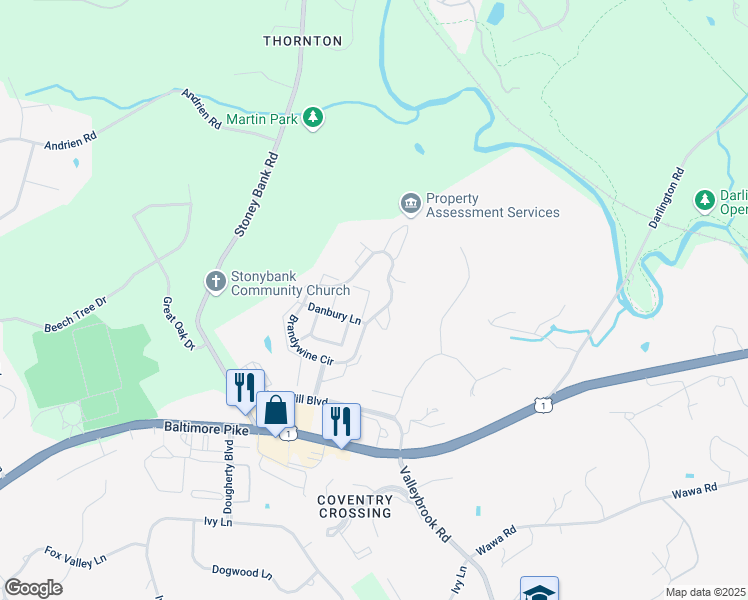 map of restaurants, bars, coffee shops, grocery stores, and more near 373 Radford Court in Glen Mills