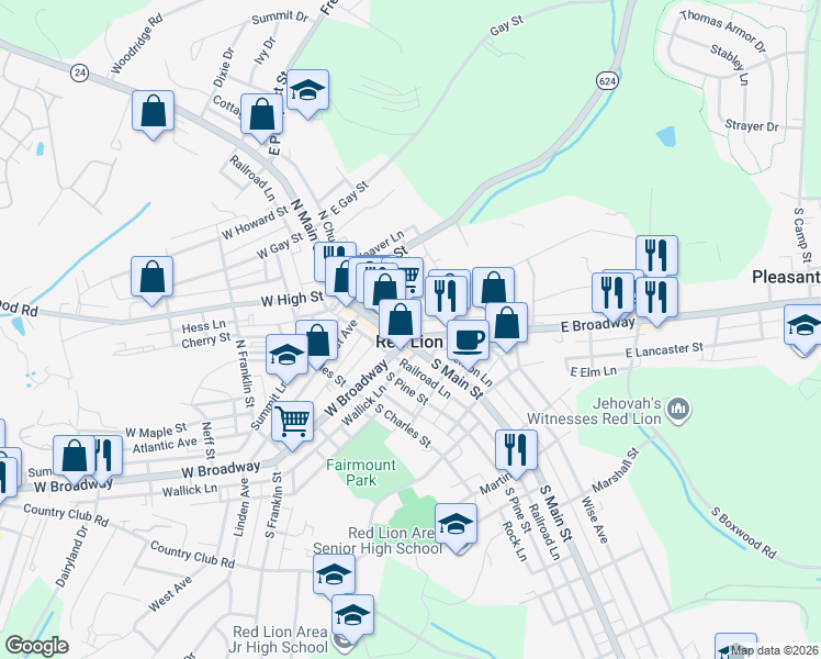 map of restaurants, bars, coffee shops, grocery stores, and more near in Red Lion