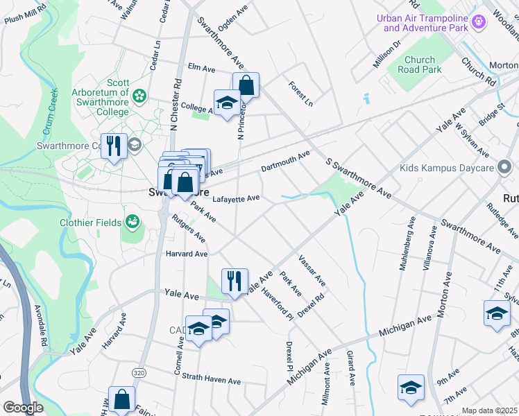 map of restaurants, bars, coffee shops, grocery stores, and more near 217 Harvard Avenue in Swarthmore