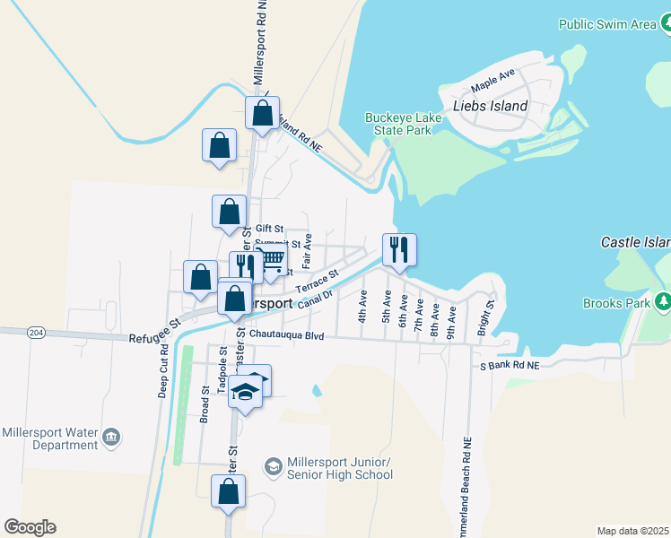map of restaurants, bars, coffee shops, grocery stores, and more near 2735 East Park Street in Millersport