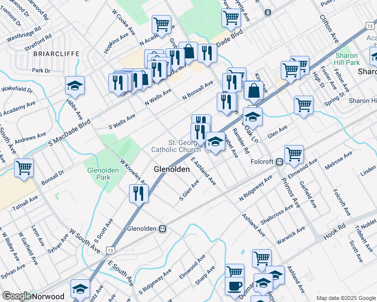 map of restaurants, bars, coffee shops, grocery stores, and more near 2 North Chester Pike in Glenolden