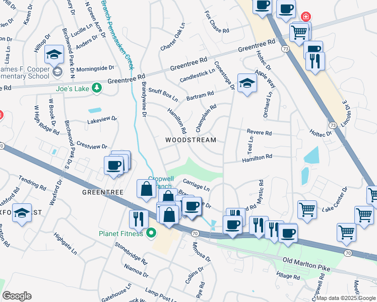 map of restaurants, bars, coffee shops, grocery stores, and more near 109 Hamilton Road in Evesham