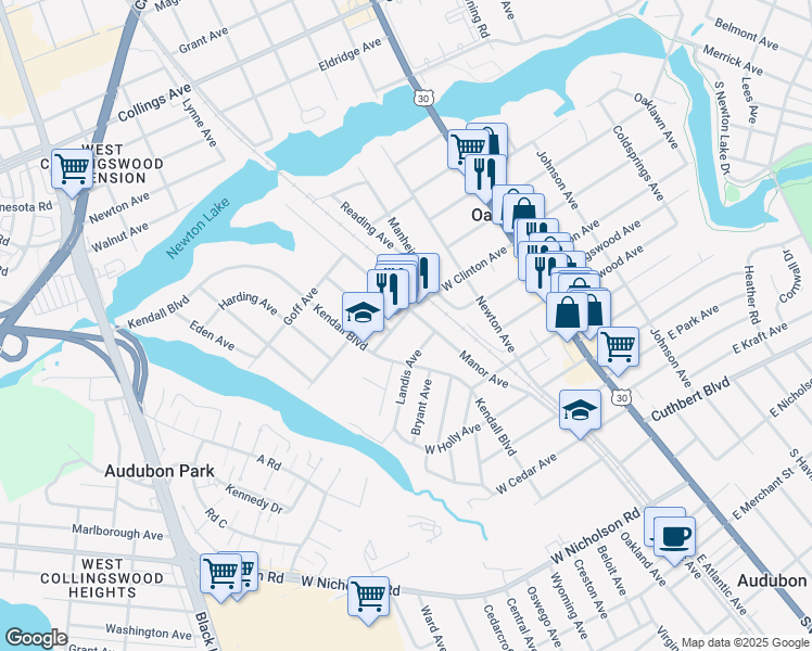 map of restaurants, bars, coffee shops, grocery stores, and more near 212 West Clinton Avenue in Oaklyn