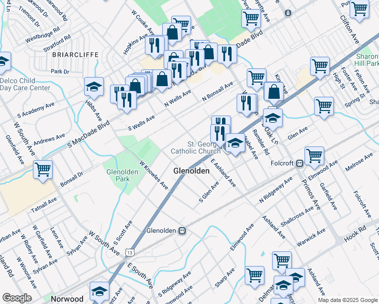 map of restaurants, bars, coffee shops, grocery stores, and more near 19 South Scott Avenue in Glenolden