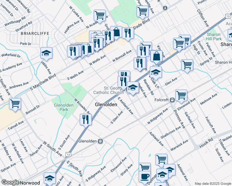 map of restaurants, bars, coffee shops, grocery stores, and more near 2 North Chester Pike in Glenolden