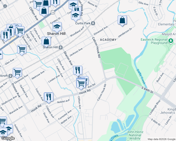 map of restaurants, bars, coffee shops, grocery stores, and more near 1001 Laurel Road in Sharon Hill