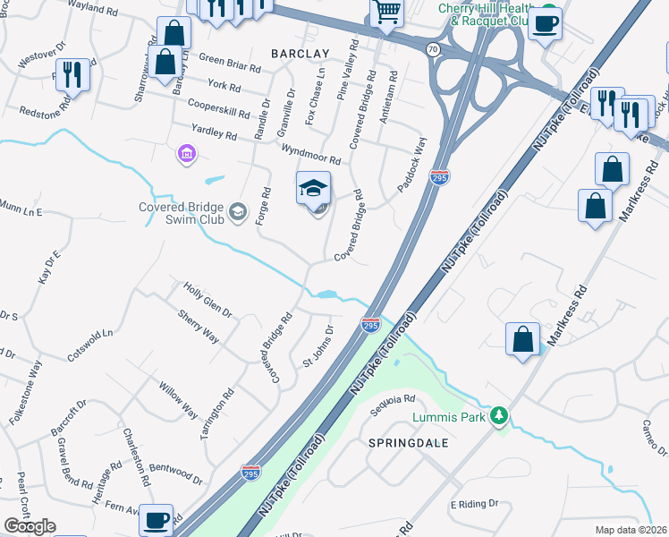map of restaurants, bars, coffee shops, grocery stores, and more near 333 Covered Bridge Road in Cherry Hill
