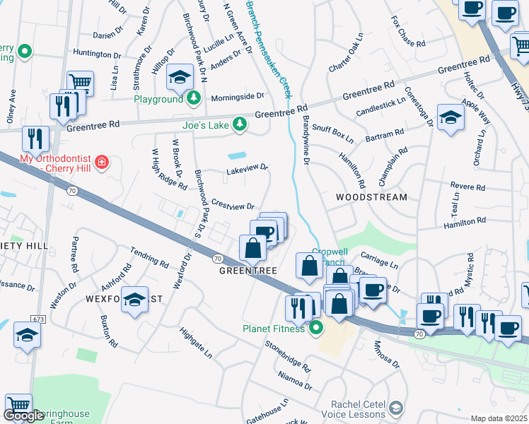 map of restaurants, bars, coffee shops, grocery stores, and more near 48 Lakeview Drive in Cherry Hill