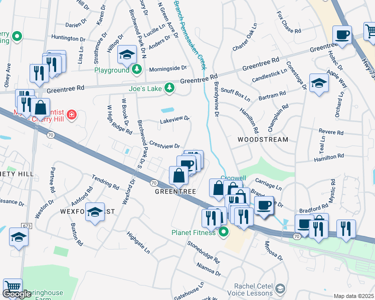 map of restaurants, bars, coffee shops, grocery stores, and more near 48 Lakeview Drive in Cherry Hill