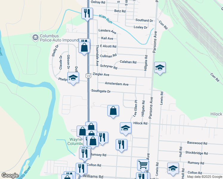map of restaurants, bars, coffee shops, grocery stores, and more near 118 Southgate Drive in Columbus