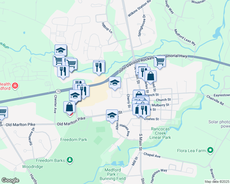 map of restaurants, bars, coffee shops, grocery stores, and more near 196 New Jersey 70 in Medford