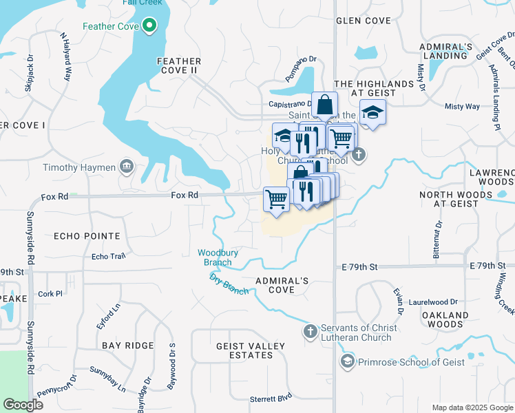 map of restaurants, bars, coffee shops, grocery stores, and more near 11540 Sunset Cove Lane in Indianapolis