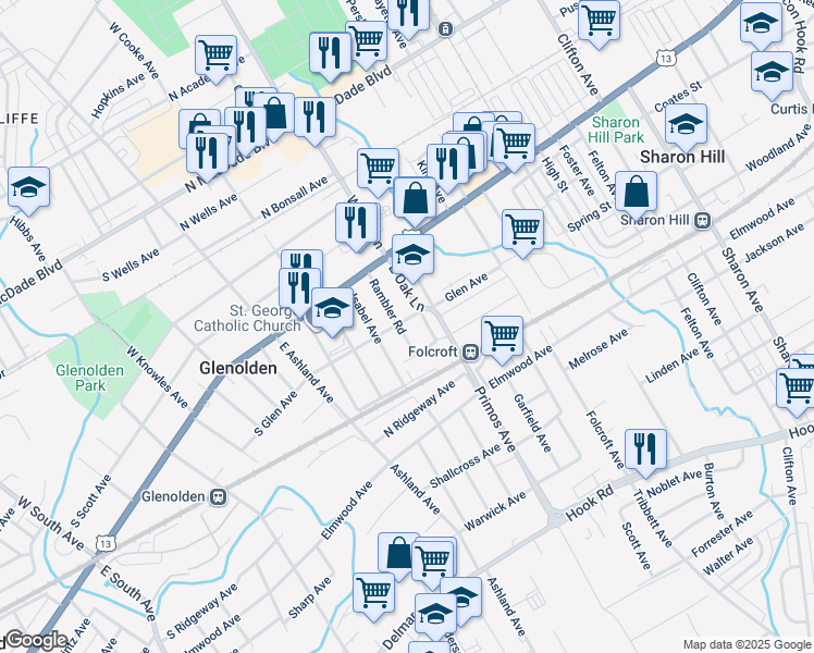 map of restaurants, bars, coffee shops, grocery stores, and more near 103 Rambler Road in Glenolden