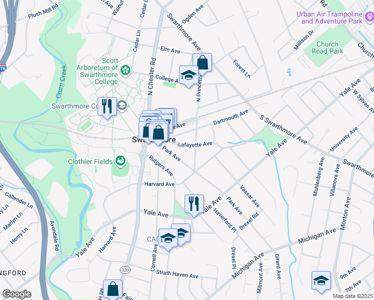 map of restaurants, bars, coffee shops, grocery stores, and more near 310 Lafayette Avenue in Swarthmore