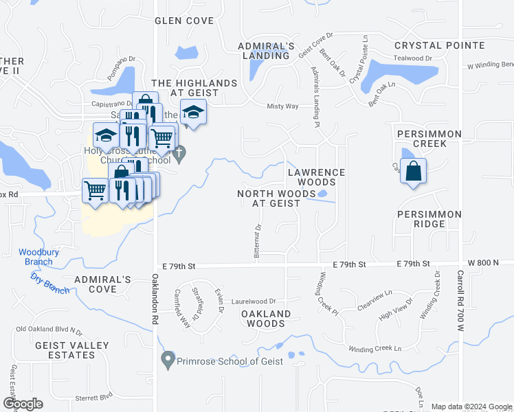 map of restaurants, bars, coffee shops, grocery stores, and more near 8018 Bitternut Drive in Indianapolis