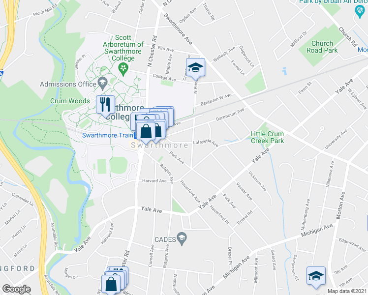 map of restaurants, bars, coffee shops, grocery stores, and more near 310 Lafayette Avenue in Swarthmore