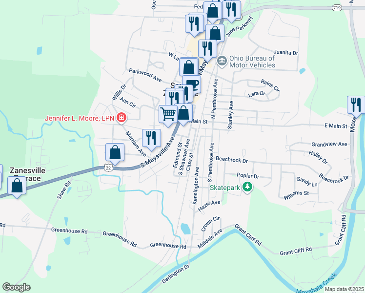 map of restaurants, bars, coffee shops, grocery stores, and more near 45 South Shawnee Avenue in Zanesville