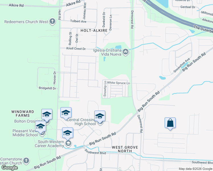 map of restaurants, bars, coffee shops, grocery stores, and more near 2502 Snowtip Lane in Grove City