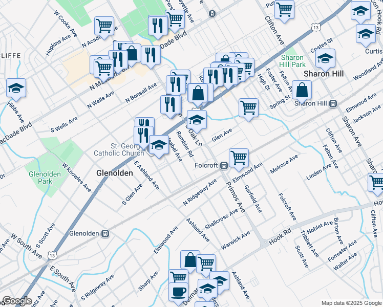 map of restaurants, bars, coffee shops, grocery stores, and more near 111 Rambler Road in Glenolden