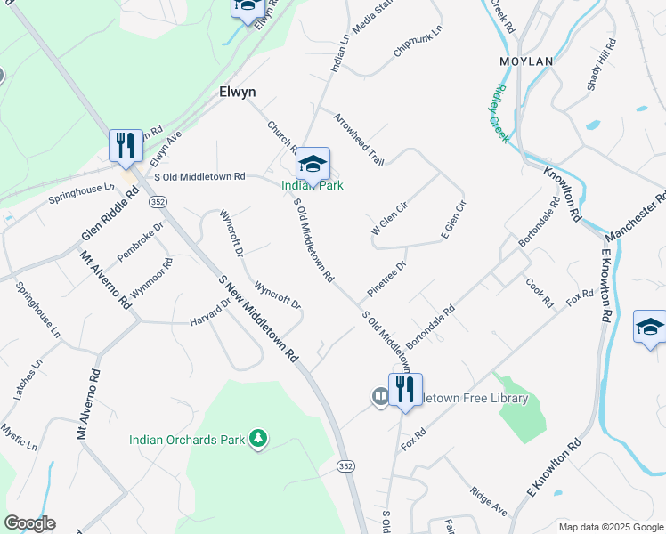 map of restaurants, bars, coffee shops, grocery stores, and more near 349 South Old Middletown Road in Media