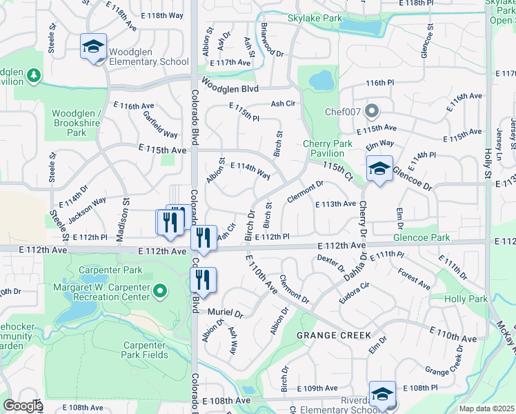 map of restaurants, bars, coffee shops, grocery stores, and more near 11327 Birch Drive in Thornton