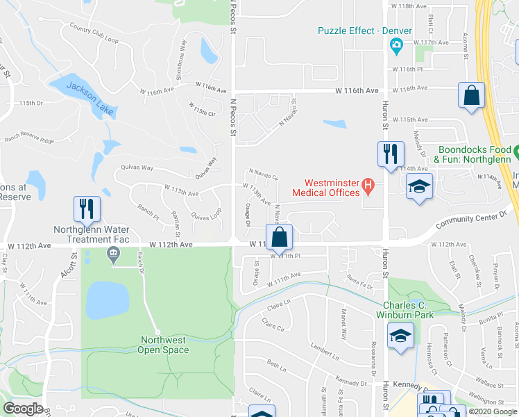 map of restaurants, bars, coffee shops, grocery stores, and more near 11203 Osage Circle in Northglenn