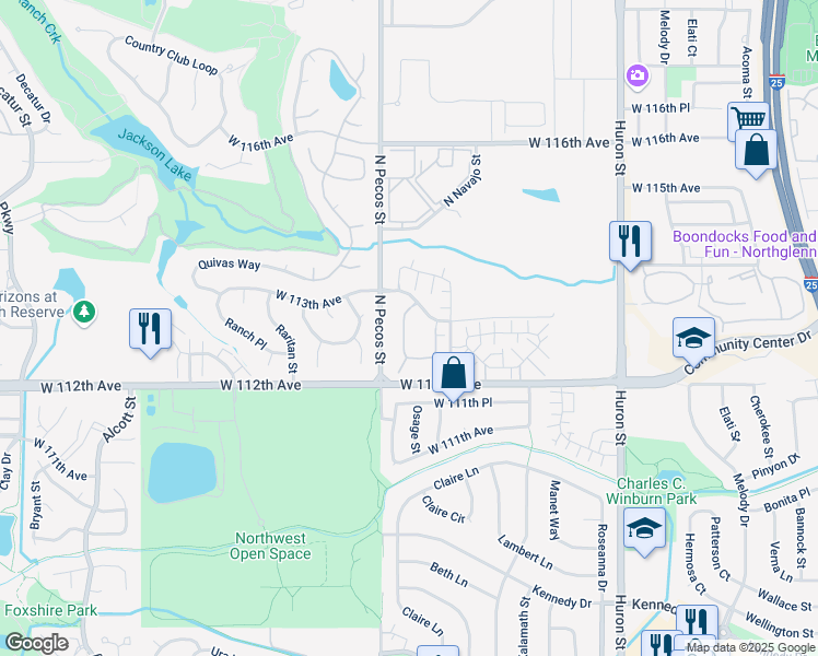 map of restaurants, bars, coffee shops, grocery stores, and more near 11203 Osage Circle in Northglenn