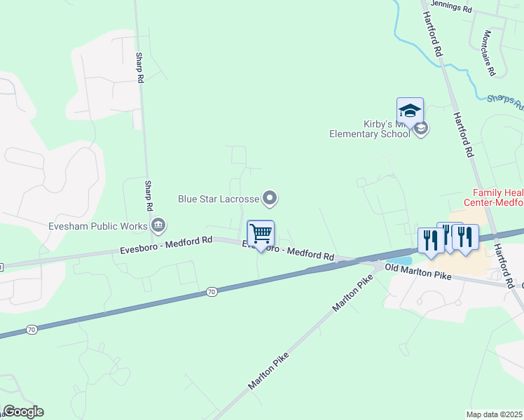 map of restaurants, bars, coffee shops, grocery stores, and more near 16 Medford Evesboro Rd in Medford