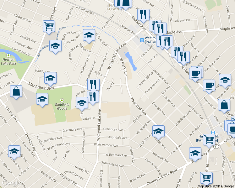 map of restaurants, bars, coffee shops, grocery stores, and more near 2 Kings Court in Haddonfield