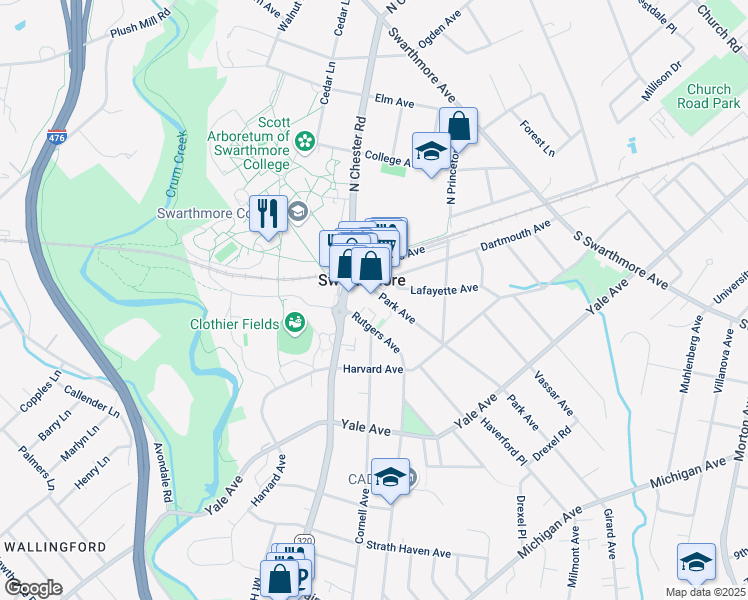 map of restaurants, bars, coffee shops, grocery stores, and more near 100 Park Avenue in Swarthmore