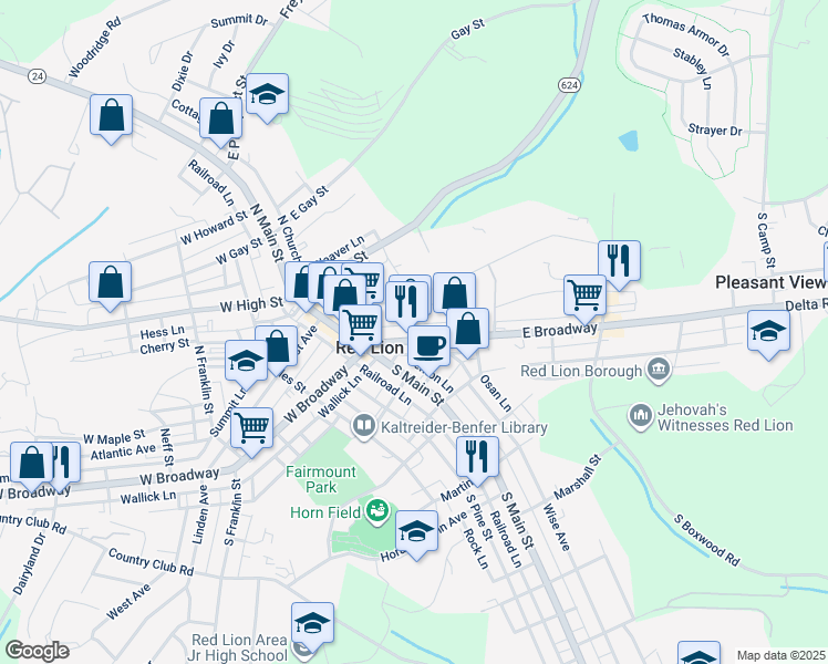 map of restaurants, bars, coffee shops, grocery stores, and more near 121 East Broadway in Red Lion