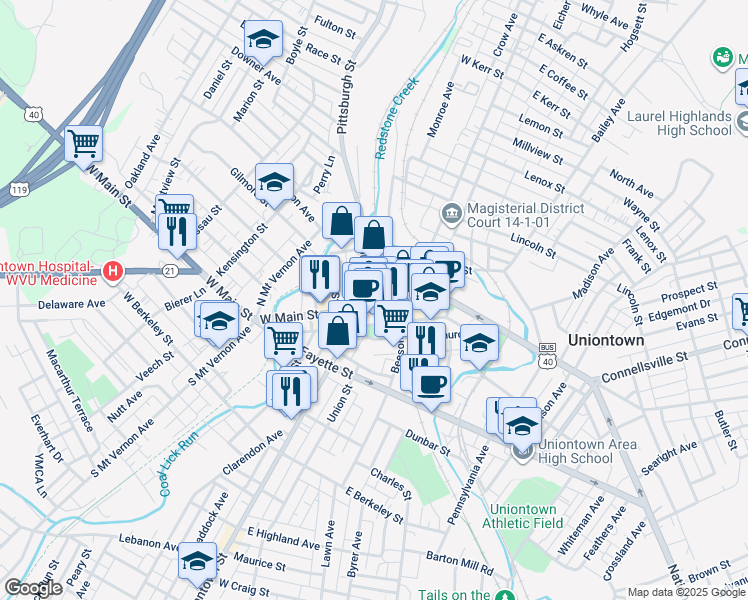 map of restaurants, bars, coffee shops, grocery stores, and more near 33 West Peter Street in Uniontown