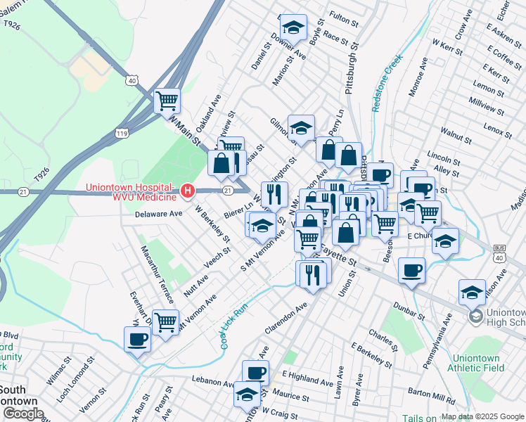 map of restaurants, bars, coffee shops, grocery stores, and more near 196 W Main St in Uniontown