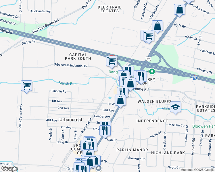 map of restaurants, bars, coffee shops, grocery stores, and more near 2584 Augustus Court in Urbancrest