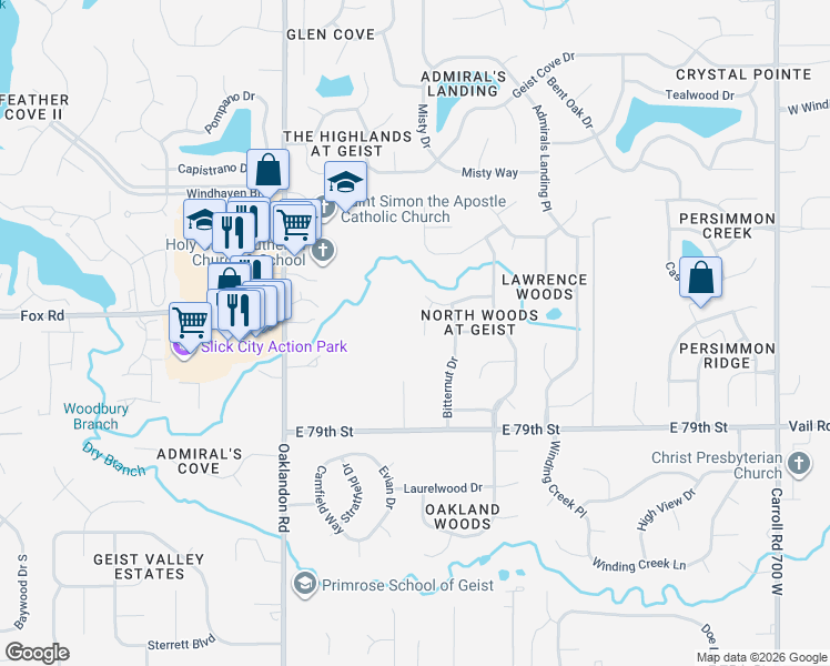 map of restaurants, bars, coffee shops, grocery stores, and more near 8019 Douglas Fir Court in Indianapolis