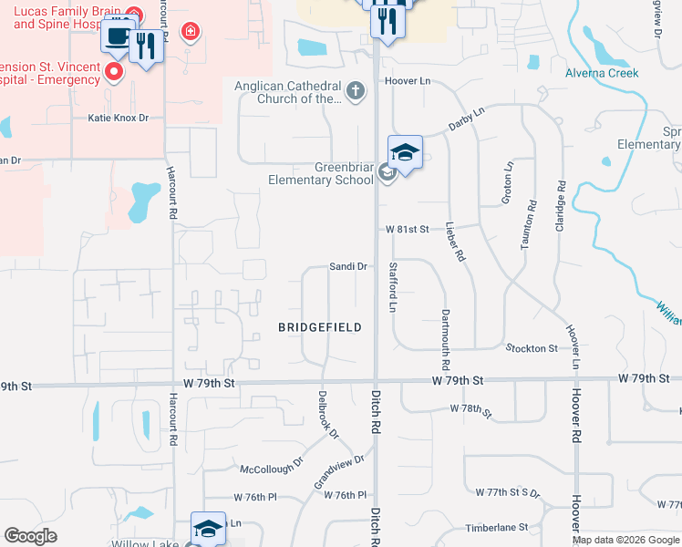map of restaurants, bars, coffee shops, grocery stores, and more near 1503 Sandi Drive in Indianapolis
