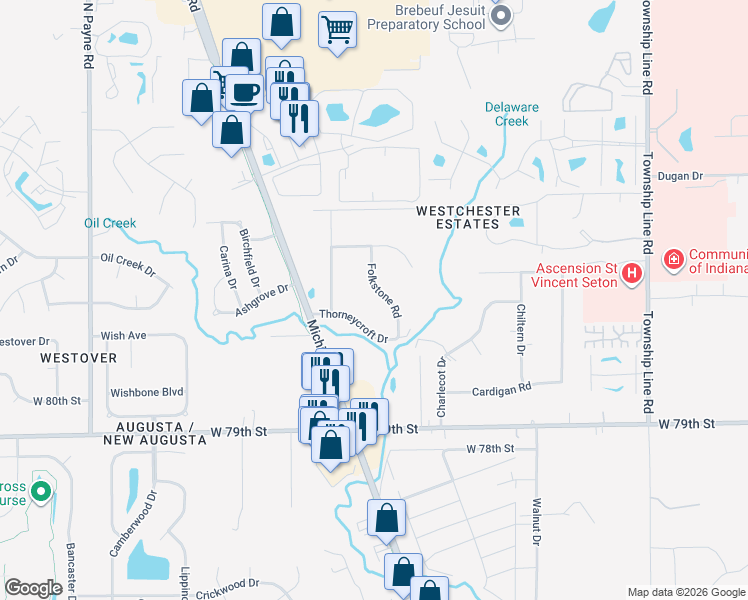 map of restaurants, bars, coffee shops, grocery stores, and more near 8074 Folkstone Road in Indianapolis